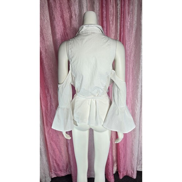 Boston Proper White Crisp Cold Shoulder Flare Sleeve Cotton Blouse Size 12 - Picture 8 of 12